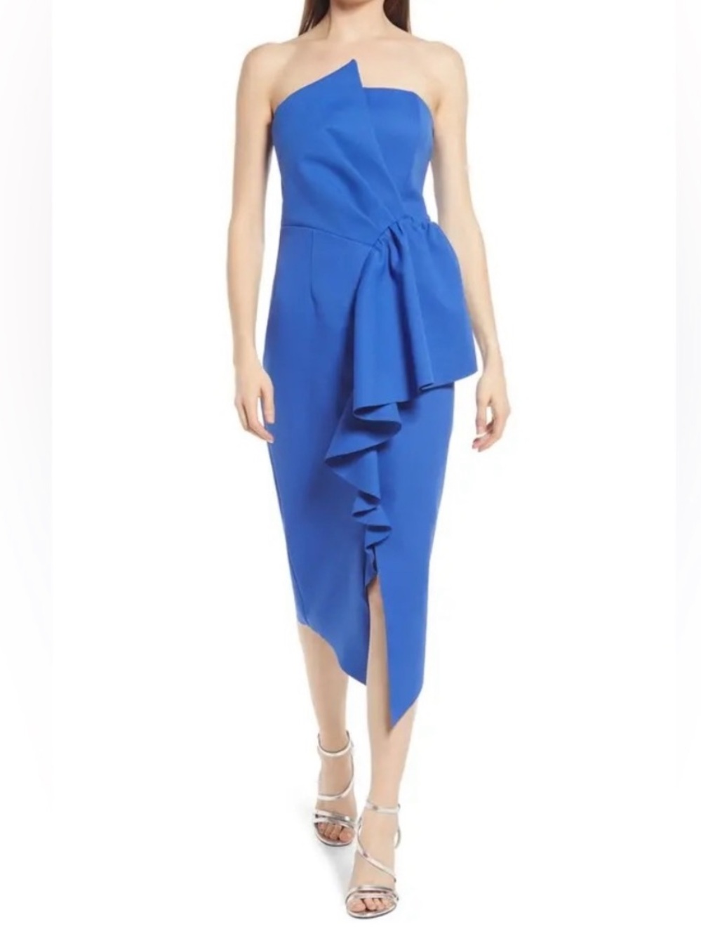 Elliatt CobaltBlue Reception Cascade Strapless Asymmetrical Ruffle Dress M*READ*